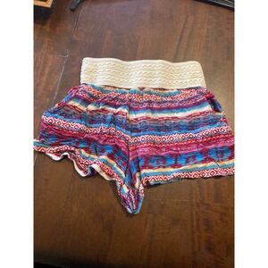 Joe B Girls Small Boho Geometric Striped Rayon Shorts Smocked Waist Red Blue